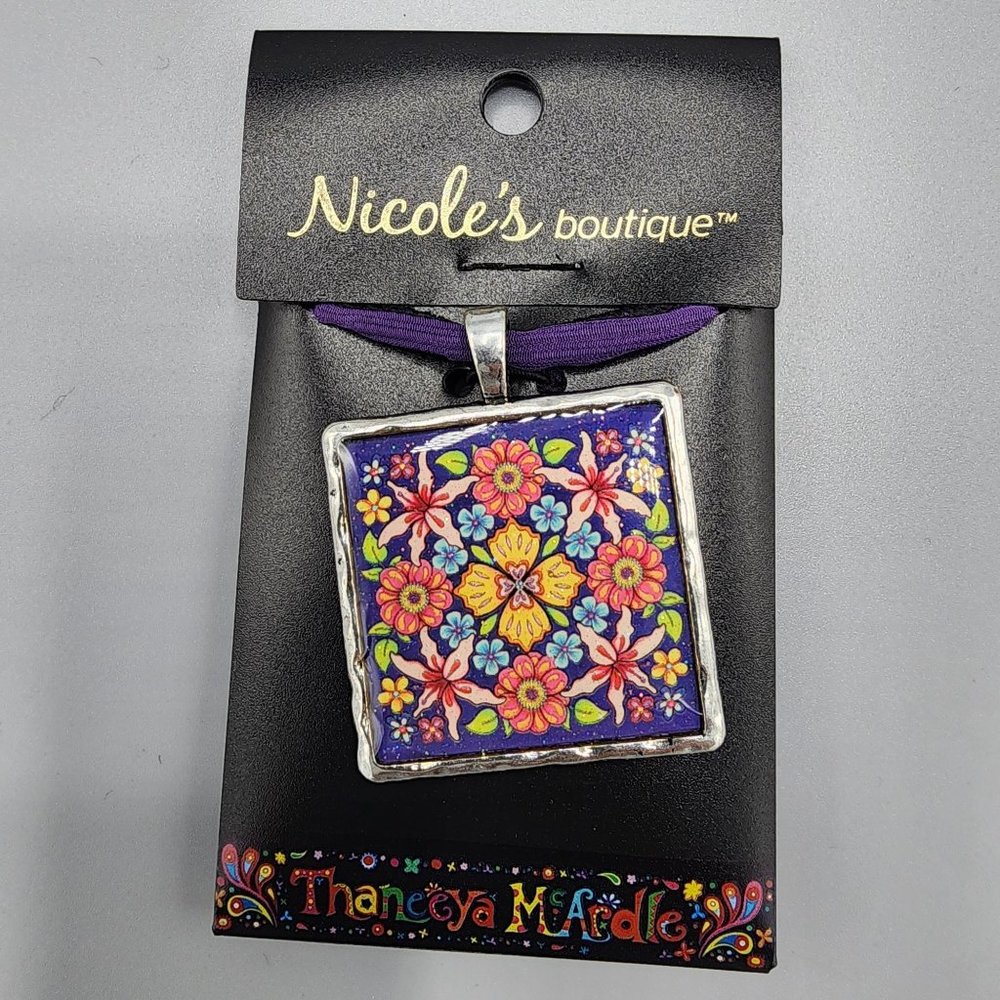 Thaneeya McArdle NWT square floral pendant with purple and black ribbon necklace